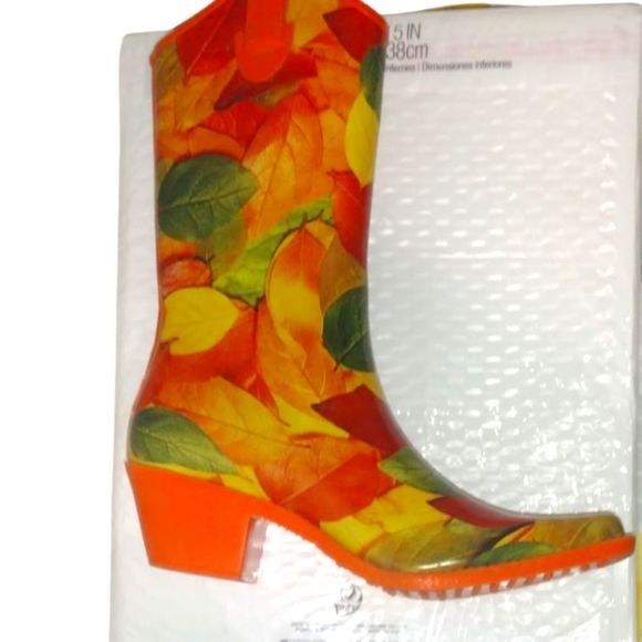 Cowboy Rain Boots Fall Leaves on an orange heel Cowboy Boots Rubber Rain Boots 6 - Picture 4 of 7